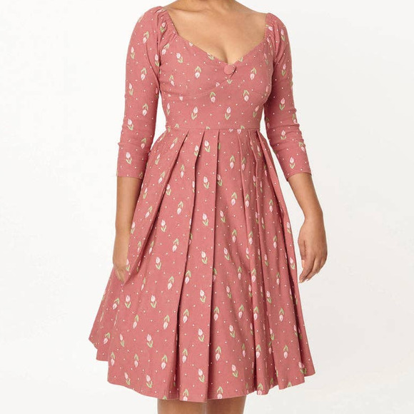 Unique Vintage Dresses & Skirts - UNIQUE VINTAGE SZ S Pink Tulip 3/4 Sleeve Pleated Midi Lamar Dress NWT B85